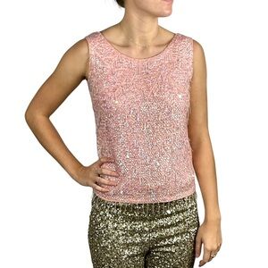 VINTAGE 60'S BEAD EMBELLISHED FRINGE WOOL KNIT EVENING TANK TOP SEARS DEADSTOCK